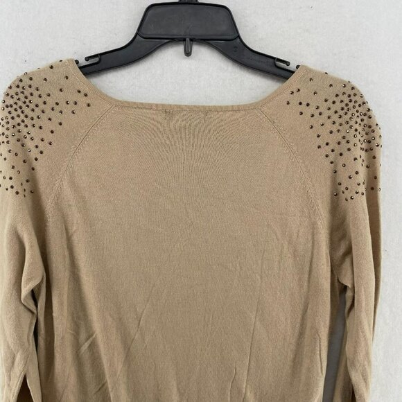 Mango Sweater Women Sz XS Brown Knitted Round Neck Rhinestone Shoulders Pullover - Picture 8 of 12
